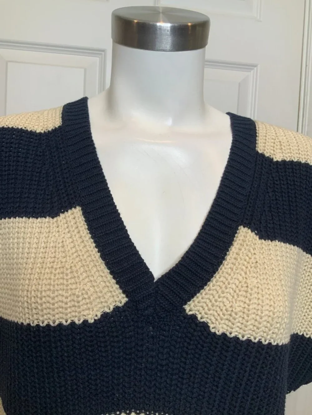 Michael Kors Navy Blue & Cream Stripe V-Neck Shift Sweater Dress, Size XL